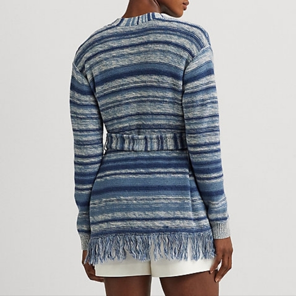 Lauren Ralph Lauren Striped Belted Linen-Cotton Knit Cardigan Blue White XL NWT - Picture 2 of 12